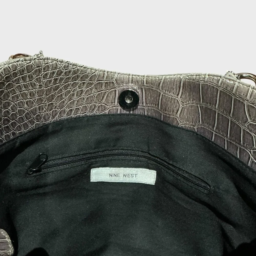 Nine West Croc Embossed Patent Tote Shoulder Bag Brown Glossy Faux Leather